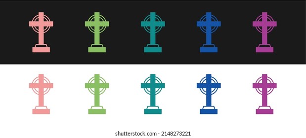 Establezca Tombstone con un icono cruzado aislado en fondo blanco y negro. Icono de gravedad. Feliz fiesta de Halloween.  Vector