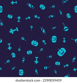 Set Tombstone with cross, Lollipop, Candy and Pumpkin on seamless pattern. Vector