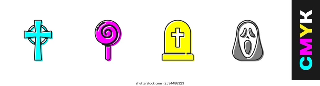 Setzen Sie Tombstone mit Kreuz, Lollipop, und lustig und gruselig Geistermaske Symbol. Vektorgrafik