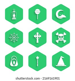 Set Tombstone with cross, Magic wand, Witch hat, Skull crossbones, Funny scary ghost mask, Spider web, Moon stars and Camping lantern icon. Vector