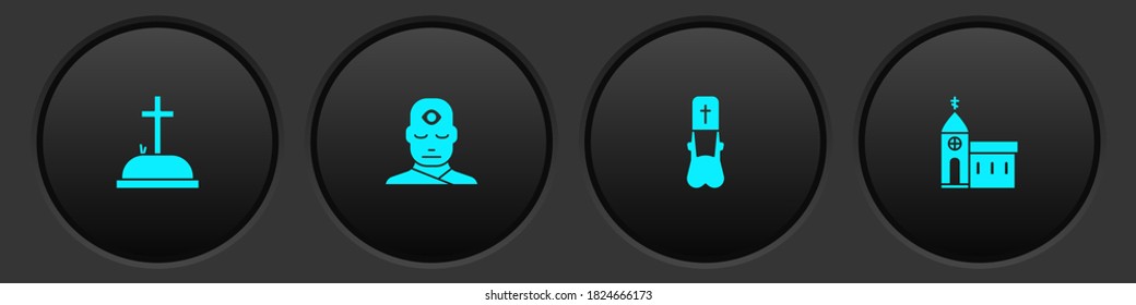 Set Tombstone with cross, Man third eye, Priest and Church building icon. Vector.