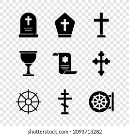 Set Tombstone with cross, Pope hat, Christian, Dharma wheel, Holy grail or chalice and Torah scroll icon. Vector