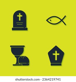 Set Tombstone with cross, Pope hat, Holy grail or chalice and Christian fish icon. Vector