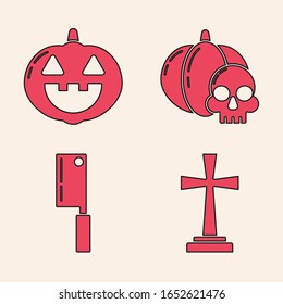 Set Tombstone with cross , Pumpkin , Pumpkin and skull  and Meat chopper  icon. Vector