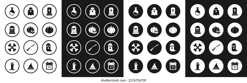 Set Tombstone with cross, Pumpkin and skull, RIP, Bottle potion, Ghost,  and Crossed bones icon. Vector