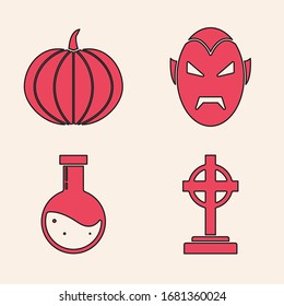 Set Tombstone with cross , Pumpkin , Vampire  and Bottle with potion  icon. Vector