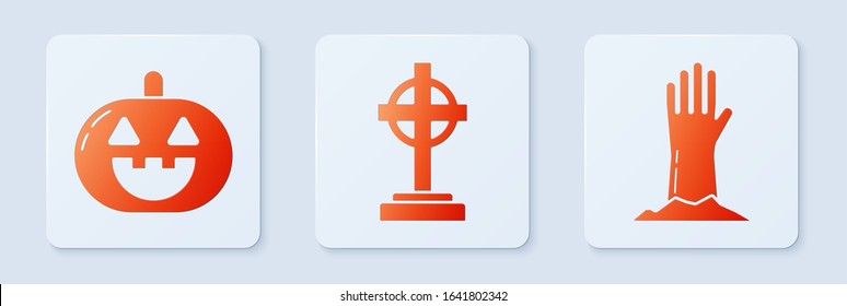 Set Tombstone with cross , Pumpkin  and Zombie hand . White square button. Vector