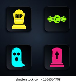 Set Tombstone with cross , Tombstone with RIP, Ghost  and Candy . Black square button. Vector