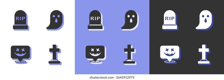 Set Tombstone with cross, RIP written, Happy Halloween holiday and Ghost icon. Vector