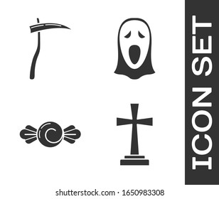 Set Tombstone with cross , Scythe , Candy  and Funny and scary ghost mask for Halloween  icon. Vector