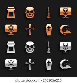 Set Tombstone with cross, Skull, Moon and stars, Coffin, Pumpkin, Witches broom, Bottle potion and  icon. Vector