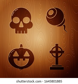 Set Tombstone with cross , Skull , Pumpkin  and Eye  on wooden background. Vector