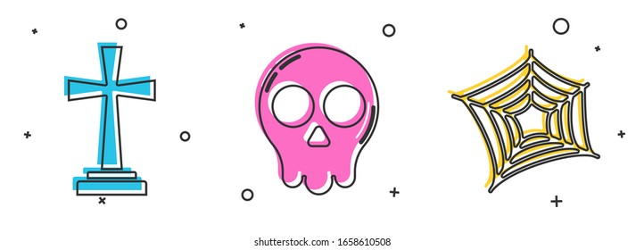 Set Tombstone with cross , Skull  and Spider web  icon. Vector