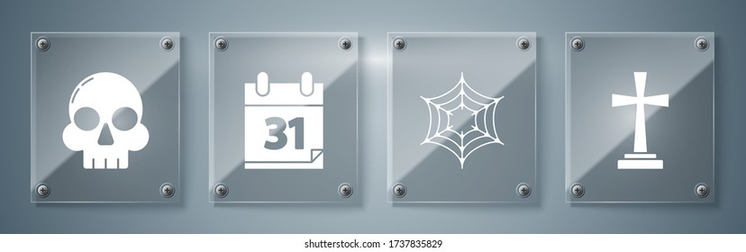 Set Tombstone with cross , Spider web , Calendar with Halloween date 31 october and Skull . Square glass panels. Vector