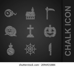 Set Tombstone with cross, Spider web, Knife, Pumpkin, Bomb ready explode, Scythe and Eye icon. Vector