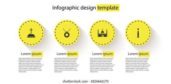 Set Tombstone with cross, Star of David necklace chain, Muslim Mosque and Burning candle. Business infographic template. Vector.