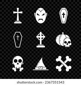 Set Tombstone with cross, Vampire, Coffin christian, Skull crossbones, Witch hat, Crossed,  and  icon. Vector