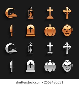 Set Tombstone with cross, Vampire, Pumpkin, Knife, Moon and stars and Camping lantern icon. Vector