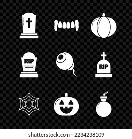 Setzen Sie Tombstone mit Kreuz, Vampirzähnen, Kürbis, Spider Web, Bombe bereit explodieren, RIP und Auge Symbol. Vektorgrafik