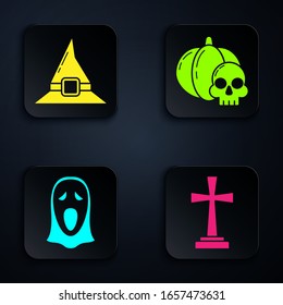 Set Tombstone with cross , Witch hat , Funny and scary ghost mask for Halloween  and Pumpkin and skull . Black square button. Vector