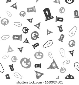 Set Tombstone with cross , Witch hat , Coffin with christian cross  and Pumpkin  on seamless pattern. Vector