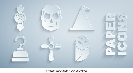 Set Tombstone with cross, Witch hat, Pirate hook, Owl, Skull and Candy icon. Vector