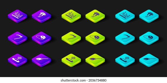 Set Tombstone with cross, Witches broom, Scythe, Moon and stars, Psilocybin mushroom and Burning candle icon. Vector