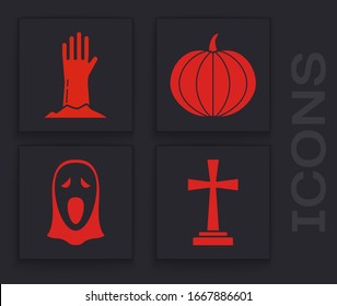 Set Tombstone with cross , Zombie hand , Pumpkin  and Funny and scary ghost mask for Halloween  icon. Vector