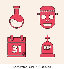Set Tombstone with RIP, Bottle with potion , Zombie mask  and Calendar with Halloween date 31 october icon. Vector