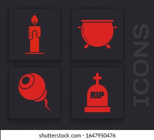 Set Tombstone with RIP, Burning candle , Halloween witch cauldron  and Eye  icon. Vector