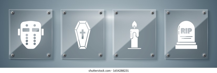 Set Tombstone with RIP, Burning candle , Coffin with christian cross  and Hockey mask . Square glass panels. Vector
