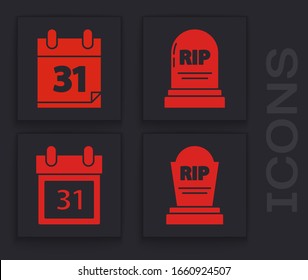 Set Tombstone with RIP, Calendar with Halloween date 31 october, Tombstone with RIP and Calendar with Halloween date 31 october  icon. Vector