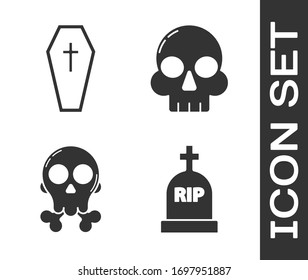 Set Tombstone with RIP, Coffin with christian cross , Skull on crossbones  and Skull  icon. Vector
