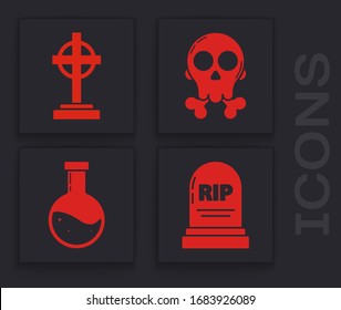 Set Tombstone with RIP, Tombstone with cross , Skull on crossbones  and Bottle with potion  icon. Vector