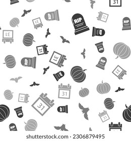 Set Tombstone with RIP, Flying bat , Pumpkin  and Calendar with Halloween date 31 october  on seamless pattern. Vector