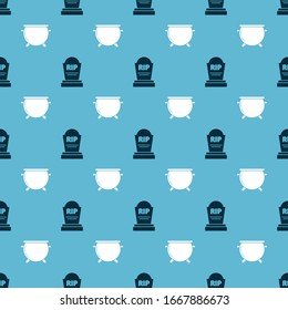 Set Tombstone with RIP and Halloween witch cauldron  on seamless pattern. Vector
