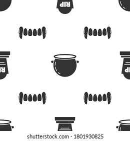 Set Tombstone with RIP, Halloween witch cauldron  and Vampire teeth  on seamless pattern. Vector