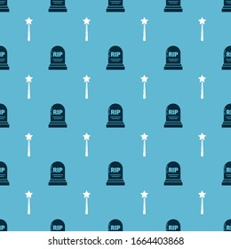 Set Tombstone with RIP and Magic wand  on seamless pattern. Vector