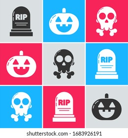 Set Tombstone with RIP, Pumpkin  and Skull on crossbones  icon. Vector