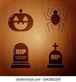 Set Tombstone with RIP, Pumpkin , Tombstone with RIP and Spider  on wooden background. Vector