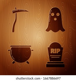 Set Tombstone with RIP, Scythe , Halloween witch cauldron  and Ghost  on wooden background. Vector