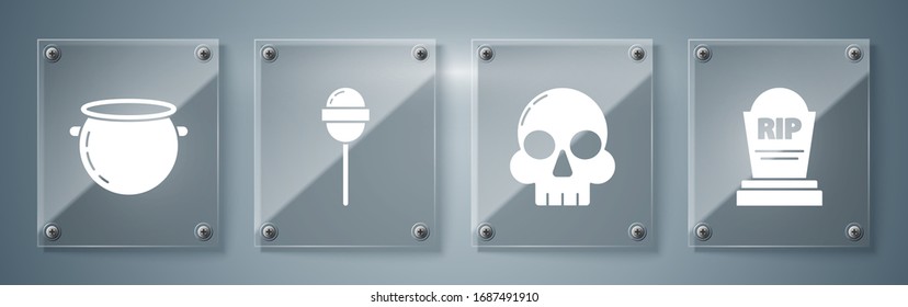 Set Tombstone with RIP, Skull , Lollipop  and Halloween witch cauldron . Square glass panels. Vector