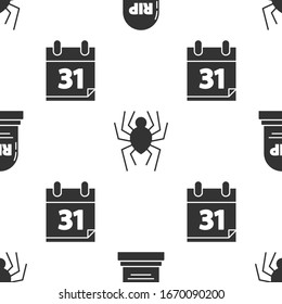 Set Tombstone with RIP, Spider  and Calendar with Halloween date 31 october on seamless pattern. Vector