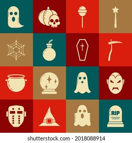 Coloca Tombstone con RIP, Vampire, Scythe, Lollipop, Bomb ready explode la bomba, Spider web, Ghost y Coffin, icono de la cruz cristiana. Vector