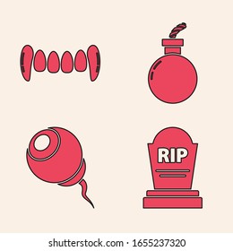 Coloca Tombstone con RIP, dientes de vampiro , Bomba lista para explotar y icono de los ojos. Vector