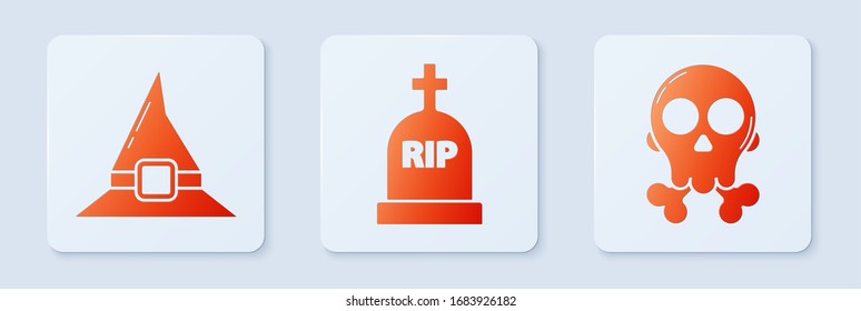 Set Tombstone with RIP, Witch hat  and Skull on crossbones . White square button. Vector
