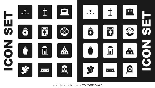 Set Tombstone with RIP written, Calendar death, Funeral urn, Holy bible book, Memorial wreath, Grave cross, Church building and  icon. Vector