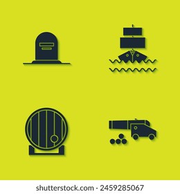 Set Lápida con RIP escrito, Cañones de cañón, Cañón de madera e icono de barco. Vector