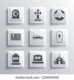 Set Tombstone with RIP written, Church building, Coffin cross, Hearse car, Holy bible book, Muslim cemetery and Memorial wreath icon. Vector