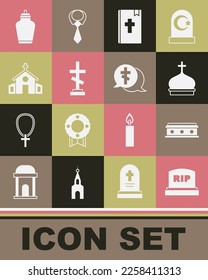 Set Tombstone with RIP written, Coffin cross, Church tower, Holy bible book, Grave, building, Funeral urn and  icon. Vector